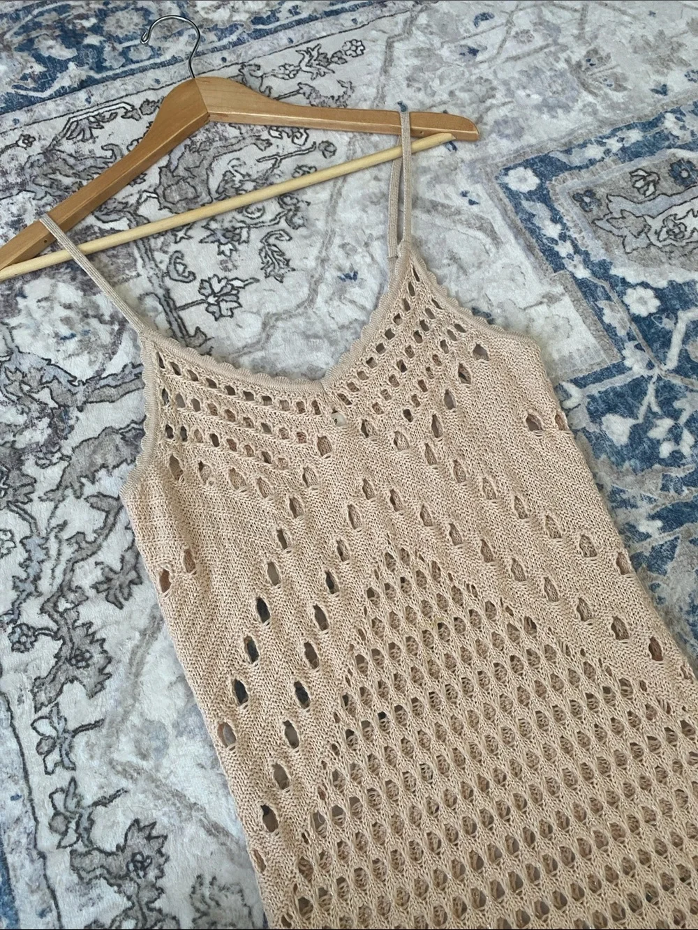 Aerie Beige Crochet Metallic Knit Swim Cover-Up Mini Dress